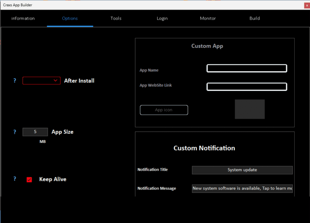 Craxs Rat builder options add website or Bind with app